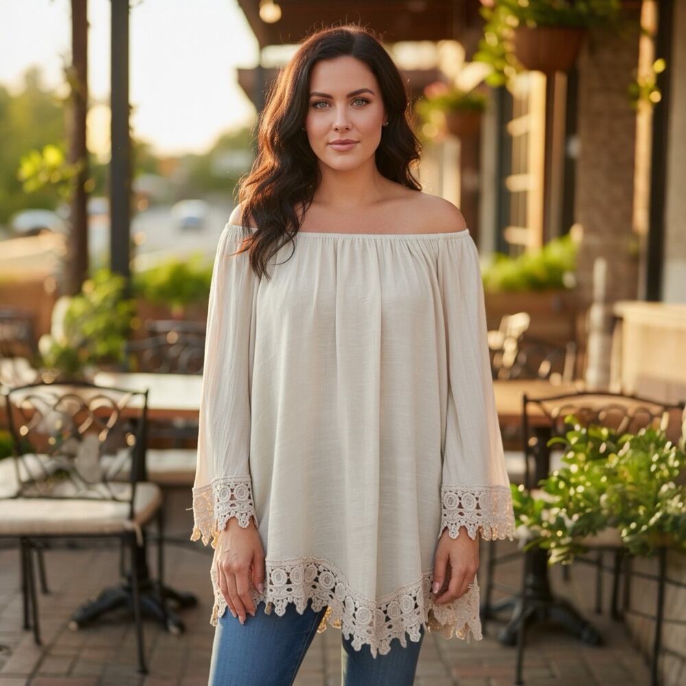 Westport Plus Size Tan Boho Cottagecore Lace Trim Off Shoulder Peasant Blouse 3X